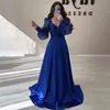 Royal Blue Glitter Evening Dress 2024 Sparkly Puff Sleeves A-Line V-Neck Satin Formal Prom Party Gowns Custom Made Robe De Soiree