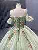 Light Green Lace Appliques Sweetheart Ball Gown Quinceanera Dresses Off Shoulder Sleeves Beading Pearls Appliques 3D Flowers Prom Evening Party Birthday Gowns