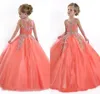 Cheap Little Girls Pageant Dresses Princess Tulle Illusion Jewel Neck Crystal Beads Coral Tulle Kids Flower Girls Dress Cheap Birt8556654