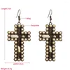 Dangle Earrings Genuine Leather And Turquoise Beaded Button Cross For Women