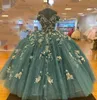 Hunter Green 3d Floral Quinceanera klänningar 2022 av axelpetsar Korsett bakåt puffy kjol söty 15 vestidos de quinceanera9403073