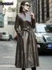 Couro de couro feminino Leatria nerazzurri outono marrom marrom preto macio casaco de couro falso para mulheres com cinto de cinto elegante moda de luxo 5xl 6xl 7xl 2022L2403