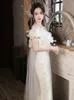 Casual Dresses Fairy Style Sweet White Evening Dress Spring Summer Fashion High midja off-shoulder Heavy Industry Slim Ladies Banket