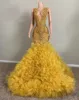 2024 Yellow O Nerk Long Prom Pageant Robe pour filles noires Rouffoues Ruffes Birthday Party Robes Crystal Robes de soirée Ruffles Robe de Soiree