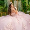 Pink Quinceanera Dresses for 16 Year Ball Gown Sexy Off the Shoulder Applique Lace Tull Party Dress for Girl Vestidos De 15 Anos