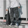 Mens Jeans Japanese Fashion Men Loose Fit Black Gray Big Pocket Cargo Pants Vintage Designer Streetwear Hip Hop Joggers279Y Drop Deliv Otmnl
