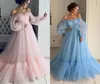 2020 Sexy Sky Blue Pink A Line Evening Kleider Abnutzung von Schulter Tule Illusion Langhülle Open Rücken Plus Size Party Promkleider3302050