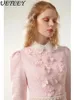 Casual Dresses Lapel midja tätt långärmad rosa klänning Elegant socialit temperament pärlstav blomma höst vinter högt botten