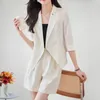 Zjyt elegant zweiteilige Blazer -Shorts für Frauen drei Viertel Ärmeln Jacke Office Lady Suits Casual Outfit Sommer 240408