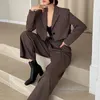 Office Lady Blazer Suits Vintage اثنتين مجموعة من النساء الأكمام الطويلة قصيرة الخصر على الساق واسعة الساق 2 ملابس 240326