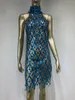 Stage Wear Sexy Blue Sequin Perspective See Through Banquet Party Dress