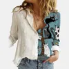 Retro Face Print Blouse Shirt Women Fashion Stitching Long Sleeve Shirts Autumn Lapel Button Casual Top Lady Linen 240326