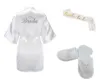 New 3pc set of glitter silver bride robe satin short robe women slippers bridal sash wedding Party2261714