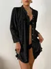 Kadın mayo örtbas kırpılmış düğmeli gömlek elbisesi siyah büllü tek parça bikini