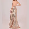 Kvinnors Deep V-Neck Halter Maxi Backless Bodycon Mermaid Gold Sequin Evening Party Dresses