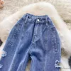 Womens Jeans Fashion Women 2023 Summer Blue High Waist Ripped Holes Denim Trouser Straight Wide Leg Pants Casual Street Clothes