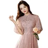 Party Dresses Glitter Pink Evening Puffy Short Sleeve Elegant A-Line golvlängd Crystal Sequined Lace Tulle Women Engagement