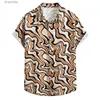 Мужские повседневные рубашки Интересная полосатая печать на гавайской мужской рубашке 2023 Лето Новая короткая рукава на пляже пляж Праздник Алоха Рок Костюм YQ240408