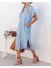 Solid Color Womens Casual Loose Denim Short Sleeved Long Slit Shirt Dress with Shoulder Sleeves and Button Up 240408