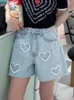女子ショーツジーンズミニサマーデニム女性ラブ刺繍ファッションハイウエストレディースズボンルースワイドレッグ韓国スタイルの女性