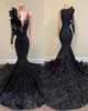 2023 Sexig lång eleganta aftonklänningar Mermaid Style Single Long Sleeve Black Sequin Applique African Gala Gala Prom Party Gown3150488