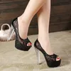 Fish Mouth High Heels European American Sexy Lace Summer Transparent Crystal Women's Thick Sandals Hollow Princess Shoes