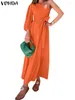 Casual Dresses Women Elegant Maxi Dress 2024 VONDA Summer Sundress Bohemian Ruffled Solid One Shoulder Bandage 3/4 Sleeve Long Robe