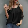 Chemises de chemisiers pour femmes o couches de cou tops sur l'épaule des manches de dentelle creuse Blouse d'été de couleur pure pure sexy