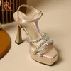 Sandali Prxdong Summer Fashion High Heels Scarpe piattaforma Donna T-Strap Nera Agride Crystal Dress Pompe per matrimoni