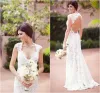 Dresses Vintage Portrait V Neck Wedding Dress Cap Sleeve Keyhole Back Sheath Full Lace Country Bridal Dresses Sweep Train Garden Bride Gow