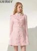Casual Dresses Lapel midja tätt långärmad rosa klänning Elegant socialit temperament pärlstav blomma höst vinter högt botten