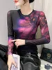 Women's T Shirts S-4XL Autumn Slim Fitting Light Stretchy Fabric Long Sleeve T-shirt Trendy Positioning Printing Floral O Neck