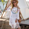 Cover Up With Fringe Trim Women Sexy Hollow Tunic Beach Dress Summer Bathing Suit Beachwear