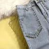 Women's Jeans Pants Since The Waist Elastic Jean Nine Minutes Of With Burrs Nail Bead Tassel Fork Flared Trousers