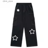 Dżinsy damskie qwk gwiazda y2k damskie dżinsy damskie super duże czarne harajuku vintage Portow Pants Korean T-Shirt Gothic Mens Y240408