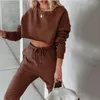 Pantalon de deux pièces pour femmes Solide Round Neck Neck With Navel Navel à manches longues Sweats à swave à crampons Casual Casual