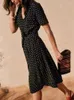 Party Dresses White Polka Dot Print Women Black Mid-Calf Dress with Pocket Sashes Turn-Down Collar Lady Single Breasted Short Sleeve Robe