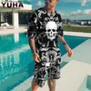 Yuhasummer Mens Giyim Tişört Setleri 3D Korkunç İskelet Baskı Gündelik Şortları Takip Erkek 2 Parça Takım Est Kısa Sleev 240325