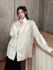 Blusas de moda feminina colarinho plataforma shhirts chineses chinês jacquard pérolas botão top