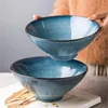 Tazones 3pcs ramen tazón de cerámica solo horno azul japonés juego de vajilla acristalada cuchara de plato de arroz plato de sopa Udon