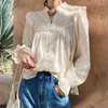 Damesblouses katoen boho casual lente zomervakantie blouse dames top ruflles puff puff lange mouw kanten witte shirts voor vrouwen