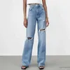 Jeans traf kvinnor chic mode rippade hål breda ben jeans vintage hög midja blixtlås flue denim byxor kvinnliga byxor mujer 202308