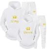 KING or QUEEN Couple Sportwear Set Fashion Printed Hooded Suits for Men and Women Unisex Pullover Hoodies and Sweatpants Sets 240329