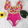 Bikini sexy à la taille haute et à volants 2023 Floung Biquini Swimwear Femmes Deux pièces de maillot de bain Floral Beachwear Vneck Suif de bain 240403