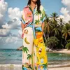 Casual tryckt grafisk kort ärmskjorta Blus Top Loose Holiday Pant 2 Piece Set Summer Beach Fashion Outfits Suit 240323