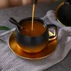 Cups Saucers Nordic Luxury Matte Black Gold Champagne Ceramic Espresso Coffee Cup And Saucer Spoon Set 280Ml