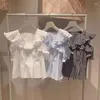 レディースブラウスエレガントなフェミニノオフショルダーブルサスムジェールVネックフリルスリーブシャツ包帯チュニックシャツトップス夏の服
