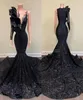 2023 Sexy Long Elegant Evening Dresses Mermaid Style Single Long Sleeve Black Sequin applique African Girl Gala Prom Party gown3797387