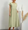 Womens Elegant Solid Color Dress Summer Short Sleeve ONeck Vintage Harajuku Cotton Linen Comfortable Loose Pocket Long 240408