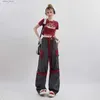 Damesjeans Y2K American Ribbon Red Cargo Pants mode veel zak recht dweilenbroek High Strt baggy brede been broek dames 2023 y240408